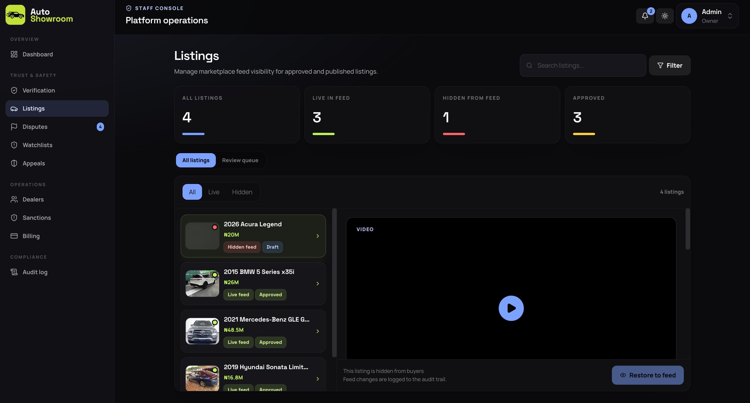 Admin Listing approval console
