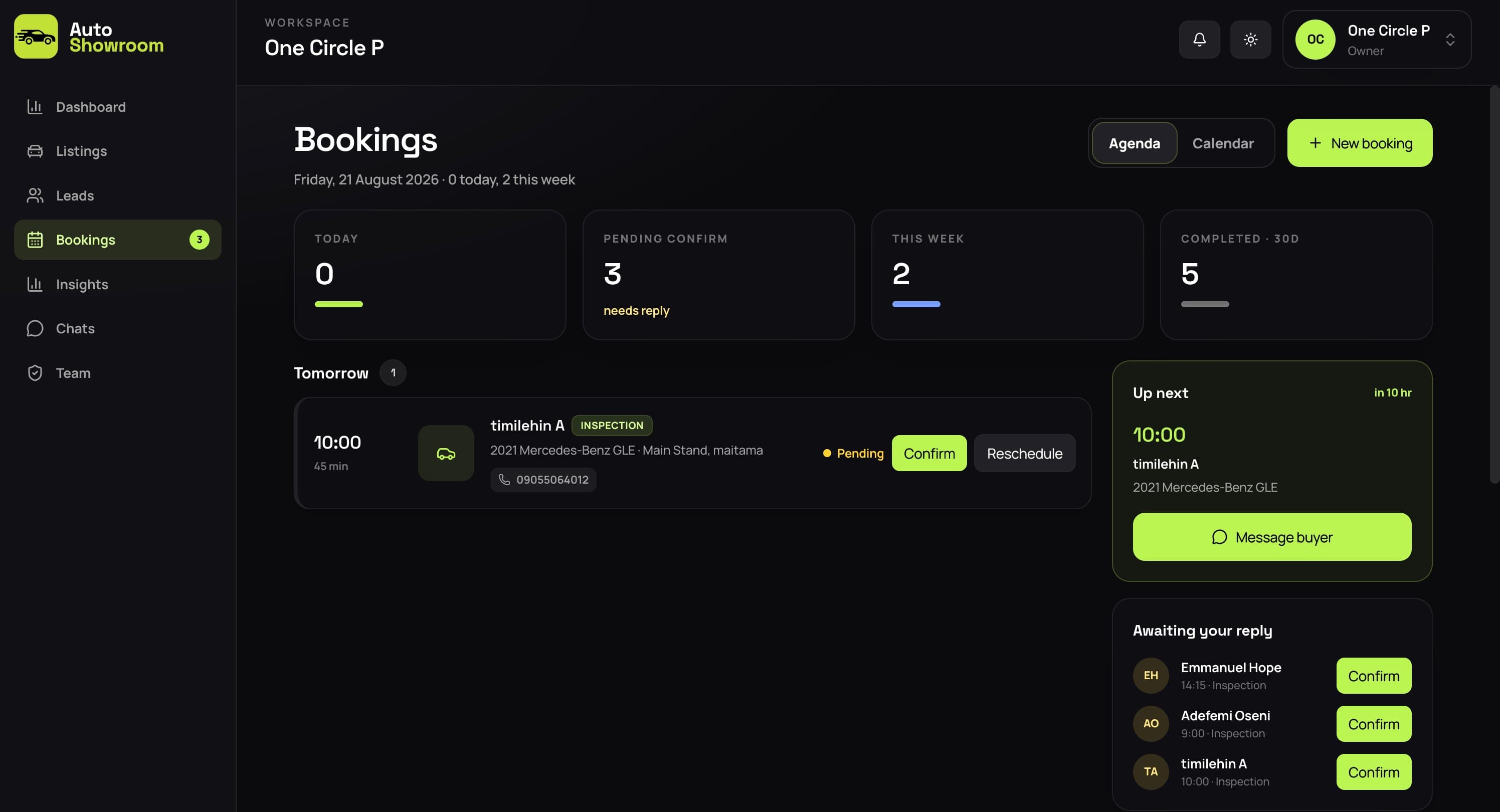 Dealer bookings dashboard